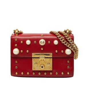Gucci Padlock Studded Chain Shoulder Bag Red Leather